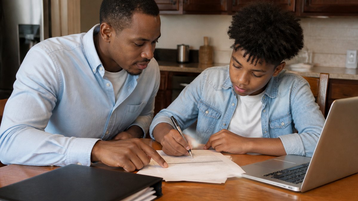 Step-by-step process for a parent and son completing a free youth mentorship application form together.