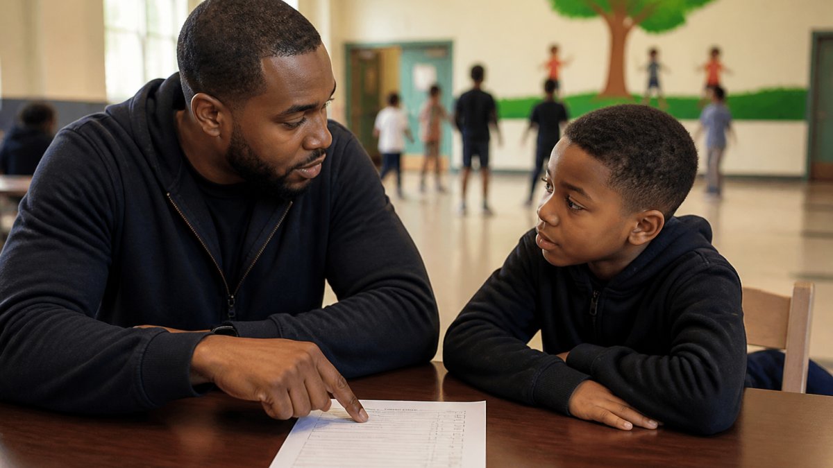 A mentor and a young boy sitting side by side at a table, reviewing a printed checklist and talking, in a bright community center room with other kids playing in the background