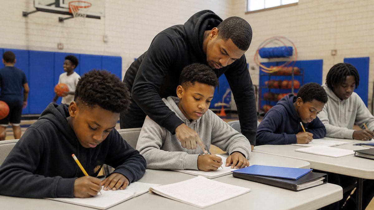 A group of boys ages 8-14 working on homework at tables in a bright community recreation center, with a male mentor leaning in to help one student, sports equipment visible in the background